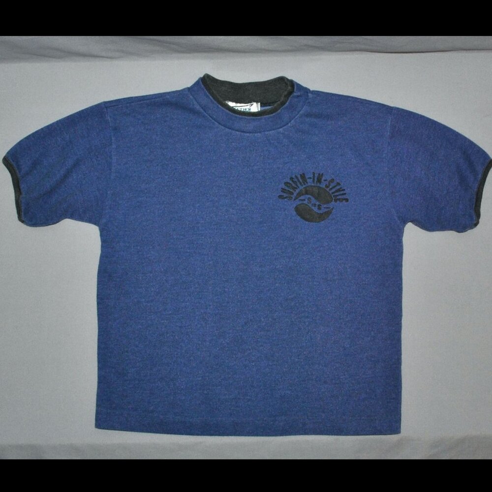 Vintage Boys Surfing T-Shirt Size 5 Blue & Black Surfin-In-Style Graphic Tee